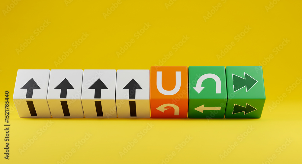 Poster arrangement of cubes with arrows and u shapes on a yellow background in a studio setting