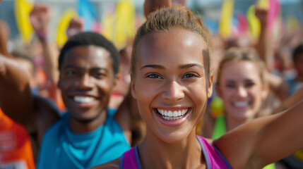 Fototapeta premium Celebrating Teamwork and Diversity at a Marathon Finish Line