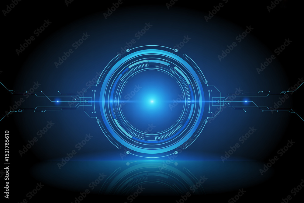 Poster abstract futuristic technology background with blue circular interface and circuit lines