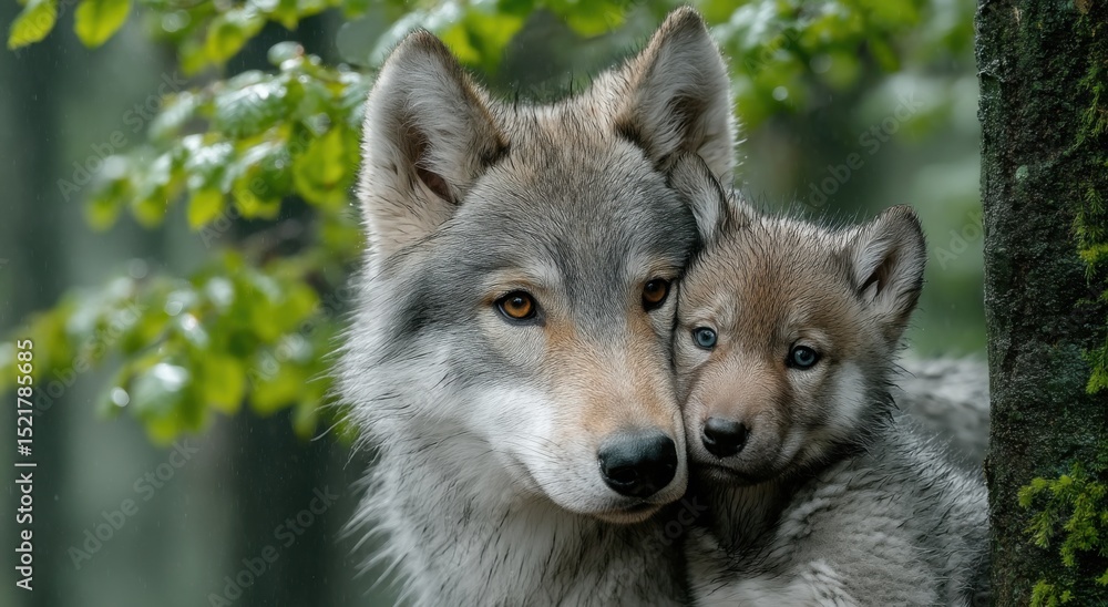 Poster wolf mother and cub cuddling in a forest, symbolizing family values and wildlife conservation effort