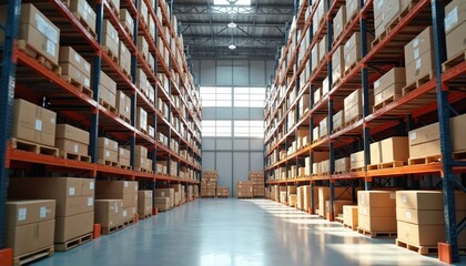 Automated high-rack warehouse interior with shelving. Packed boxes, logistic, distribution storage. Modern storage facility for merchandise, business, industrial processes. Warehouse business, supply