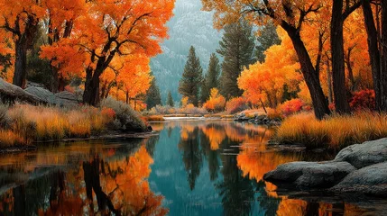 Fototapete Rund Stunning autumn landscape with vibrant orange foliage reflecting in a calm river under a clear sky © Georg