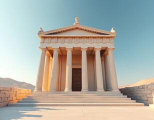 Obraz premium Ancient Greek temple bathed in morning sunlight. Classic architecture features columns, detailed facade. Timeless beauty, historic building structure. Destination for travel, tour. Outdoor scenic