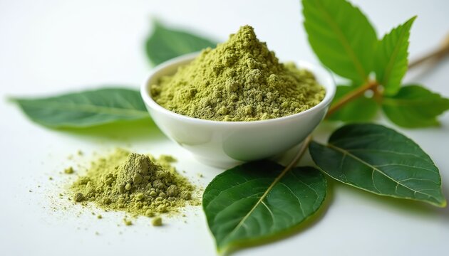 Close-up of kratom leaves and powder, derived from Mitragyna speciosa, a tropical evergreen tree. Natural herbal supplement, used for wellness, dosage, effect, properties.