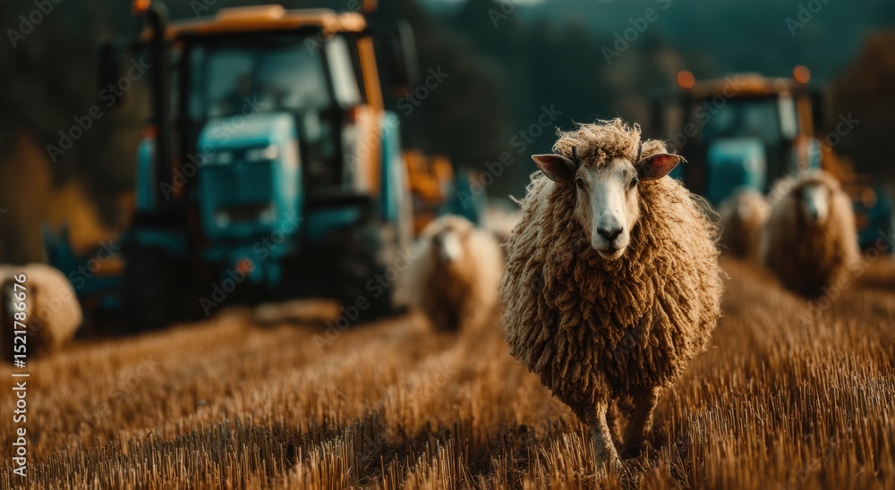 Poster sheep grazing in a field with tractors, emphasizing sustainable farming and agricultural innovation 