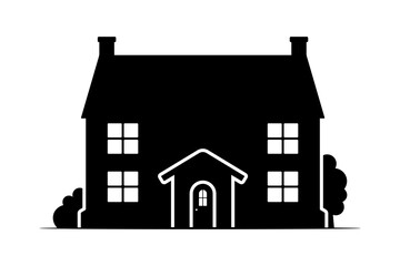 Two-storey house and trees icon. Black silhouette. Front view. Vector simple flat graphic illustration. Isolated object on white background. Isolate.