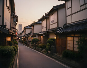 Fototapeta premium a beautiful Japanese city of Tokyo in the evening. houses on the street. anime cartoonish art style. cozy lofi asian architecture, street at night
