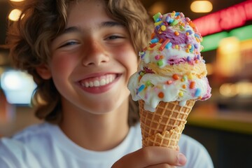 A joyful teenager holds a large ice cream cone topped with sprinkles and swirls of color. The setting is a lively cafe, filled with warmth and summer vibes