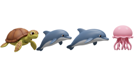 A whimsical underwater adventure featuring a cute sea turtle two playful dolphins and a soft on transparent background