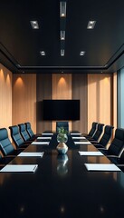 conference room with a black table and blue chairs