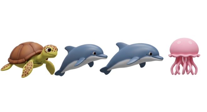 A whimsical underwater adventure featuring a cute sea turtle two playful dolphins and a soft on transparent background - Powered by Adobe