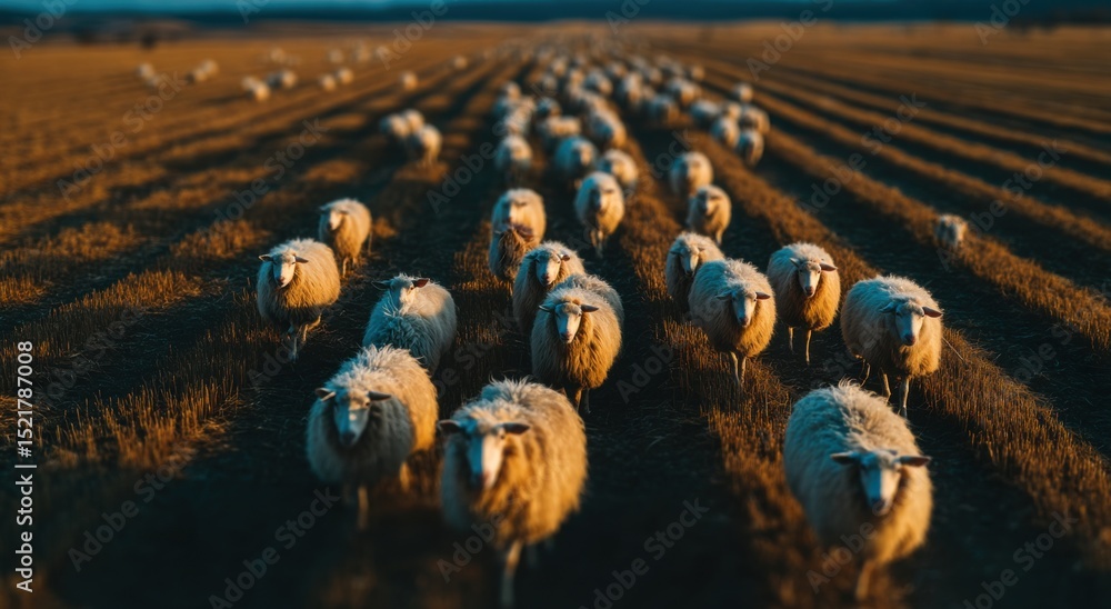 Poster flock of sheep walking across field at sunset, representing agricultural production and sustainable 