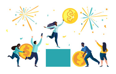 Vector illustration. Successful girl, businesswoman celebrating financial victory of gold bitcoin.People, African-American ethnic colleagues taking a selfie, with winner, money, dollar coins, ethereum