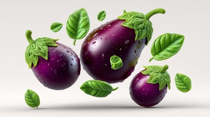 Fresh Eggplants with Green Leaves