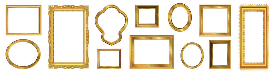 Collection of luxurious Golden vintage frames with ornate baroque and rococo elements. For wedding invitations, photo decoration, certificates, antique projects, and classical design..eps