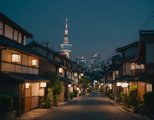 a beautiful Japanese city of Tokyo in the evening. houses on the street. anime cartoonish art style. cozy lofi asian architecture, street at night