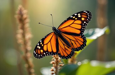 Monarch butterfly in natural habitat with blurred green background. Orange, black wings. Insect on flower in sunny summer garden. Details of flying insect, springtime, wildlife nature photography.