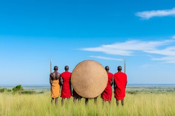 Maasai back view warriors, Round shield formation, Red spirited attire, African plains panorama, Minimalist silhouette mood, Copy space available

