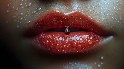 Dry parched lips with a single water droplet