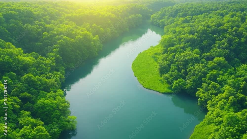 Aufkleber aerial view of a serene river: the image captures a serene river winding gracefully through a dense 