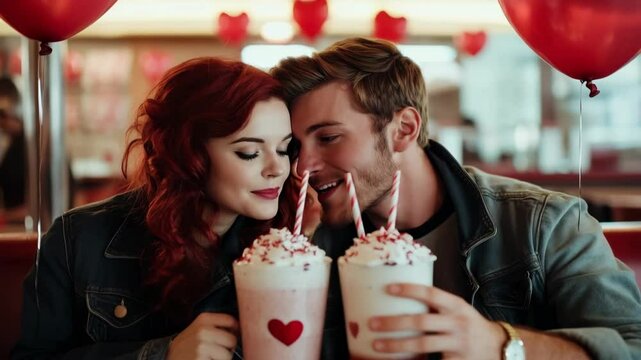 A young man and a young red-haired woman share milkshakes with heart decorations. They smile at each other in a festive setting with red balloons.
