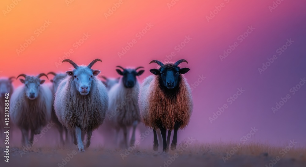 Poster flock of sheep walking towards camera at colorful sunset, representing rural agriculture and sustain