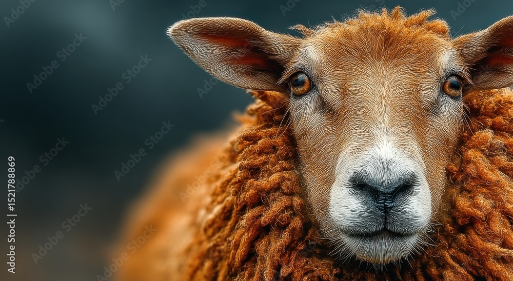 Poster close-up portrait of a brown sheep with woolly fur, representing animal welfare and sustainable farm