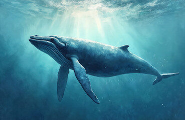 Fototapeta premium Digital watercolor painting of whale underwater. Blue sea environment. Sun rays penetrate ocean depths. Marine life theme for kids, travel, design, wallpaper, background illustration.