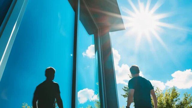 Two men standing outside a modern building, looking at their reflections in the glass. Bright sun shines in a clear blue sky.