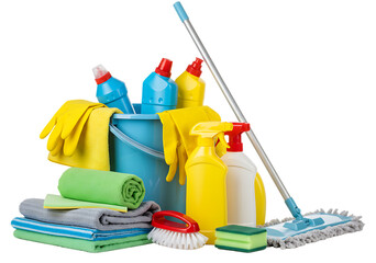 Complete cleaning kit featuring bucket with supplies, mop, spray bottles, gloves, and towels, ensuring home or office cleanliness. Isolated on transparent background