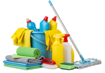 Complete cleaning kit featuring bucket with supplies, mop, spray bottles, gloves, and towels, ensuring home or office cleanliness. Isolated on transparent background