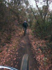 Chasing another rider on a cross country mountain bike race rider point of view inside a forest on a mountain bike trail