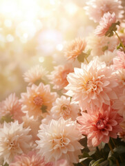 A beautiful floral background with large, multicolored dahlia flowers with copy space