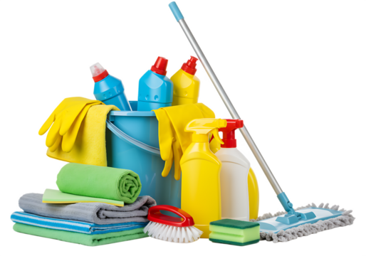 Complete cleaning kit featuring bucket with supplies, mop, spray bottles, gloves, and towels, ensuring home or office cleanliness. Isolated on transparent background