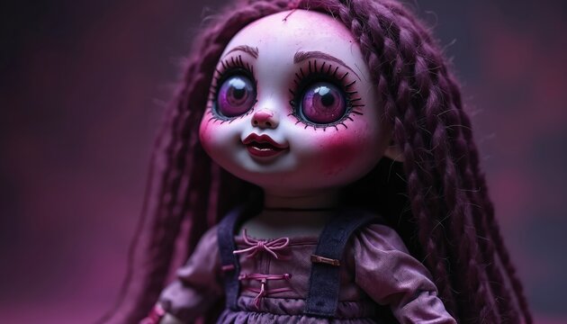 Charming voodoo doll with oversized eyes. Doll with dark background. Spooky doll with cute face, dark purple skin, pink lips. Symbol of horror Halloween. Concept of magic scary spells witchcraft.