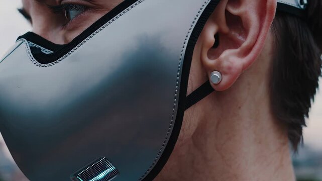Side view of person in metallic smart mask with modern design, focusing on futuristic detail.