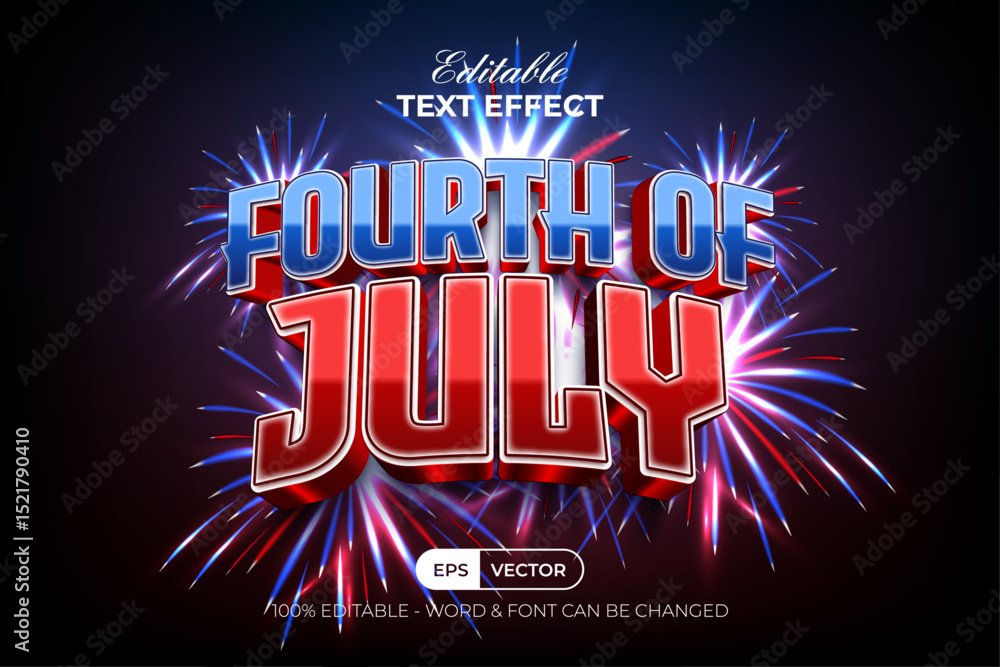 Poster fourth of july text effect 3d curved modern style background with fireworks.