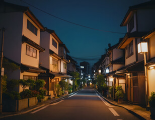 Obraz premium a beautiful Japanese city of Tokyo in the evening. houses on the street. anime cartoonish art style. cozy lofi asian architecture, street at night