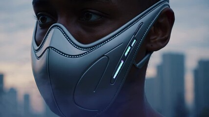 Close-up of man wearing sleek futuristic mask with glowing elements, standing against urban skyline. - Powered by Adobe
