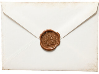 An antique white envelope sealed with a bronze wax stamp, isolated on transparent background