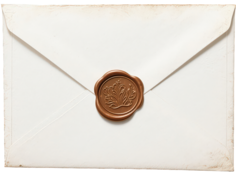 An antique white envelope sealed with a bronze wax stamp, isolated on transparent background