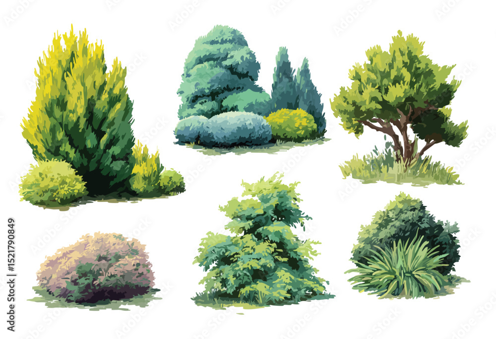 Poster set of trees and bushes isolated