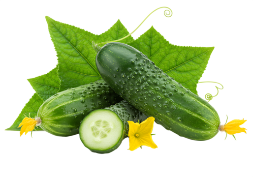 Freshly harvested cucumbers with green leaves and yellow flowers Isolated on transparent background showing healthy ingredients