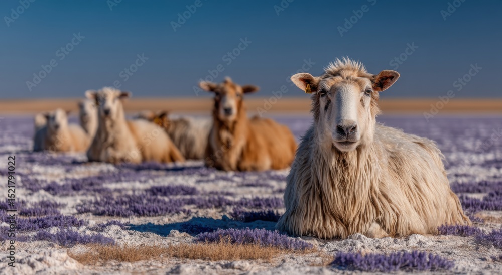 Poster sheep resting in a lavender field under a clear sky, symbolizing rural tranquility and sustainable a