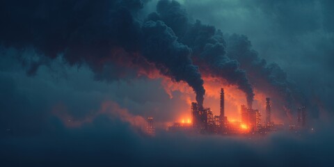 Fototapeta premium Industrial Plant Emitting Smoke at Dusk, Representing Environmental Impact and Corporate Responsibility in Energy Production : Generative AI