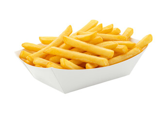 Golden and crispy french fries served in a white paper tray Isolated on transparent background perfect for fast food concepts.