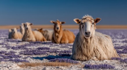 Fototapeta premium Sheep Resting in a Lavender Field Under a Clear Sky, Symbolizing Rural Tranquility and Sustainable Agriculture, Perfect for Farm Fresh Product Marketing : Generative AI
