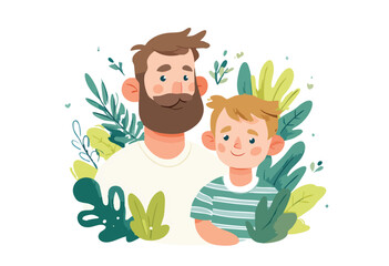 Father and son are smiling among green leaves