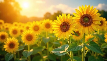 Vibrant sunflowers in full bloom, basking in the golden sunlight A stunning display of nature's beauty, perfect for summer themes and backgrounds , stem, garden