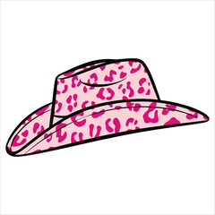 Cowgirl hat with pink cow print pattern in Wild West vector style. Cartoon flat design ideal for western, Texas, and ranch themed projects.
